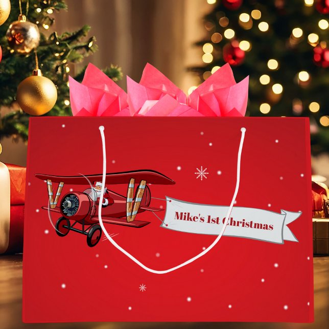 Boy First Christmas Airplane & Santa Custom Large Gift Bag (Creator Uploaded)