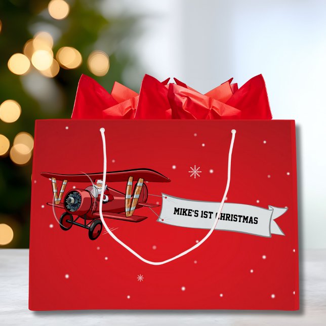 Boy First Christmas Airplane & Santa Custom Large Gift Bag (Creator Uploaded)