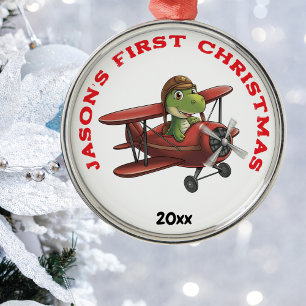 Boy First Christmas Cute Airplane dinosaur Metal Ornament