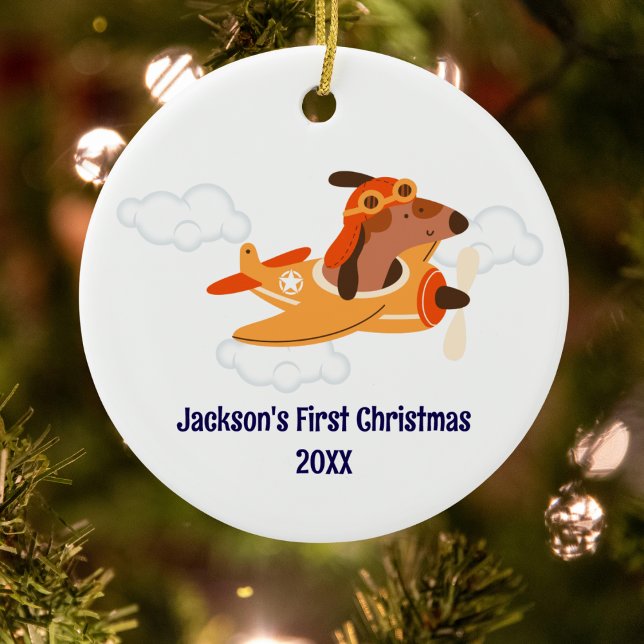 Boy First Christmas Dog Pilot Airplane Cloud Funny Ceramic Ornament (Creator Uploaded)