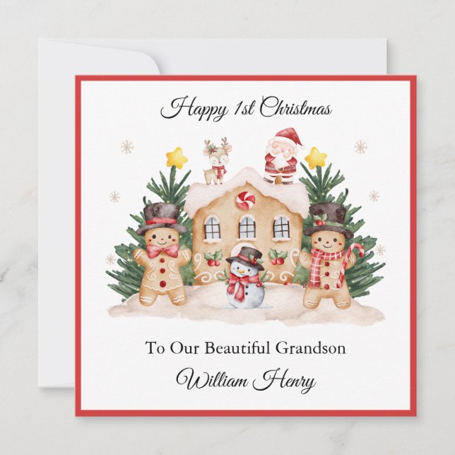 Boy First Christmas Gingerbread Santa Snowman Card (Front)