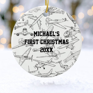 Boy First Christmas Hand Drawn Airplanes Photo Ceramic Ornament