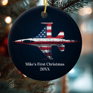 Boy First Christmas Jet Fighter US Airplane Custom Ceramic Ornament