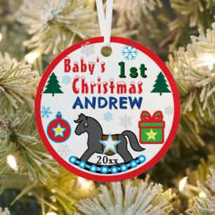 Boy First Christmas PHOTO Gray Horse Metal Ornament