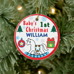 Boy First Christmas PHOTO White Horse Ceramic Ornament