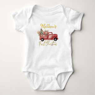Boy First Christmas Red Truck Baby Bodysuit