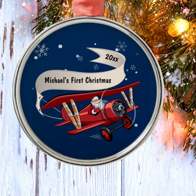 Boy First Christmas Santa Airplane Personalized  Metal Ornament (Creator Uploaded)