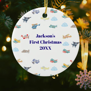 Boy First Christmas Watercolor Airplanes Clouds Ceramic Ornament