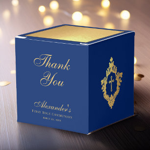 Boy First Communion Blue Faux Gold Crest Thank You Favor Box