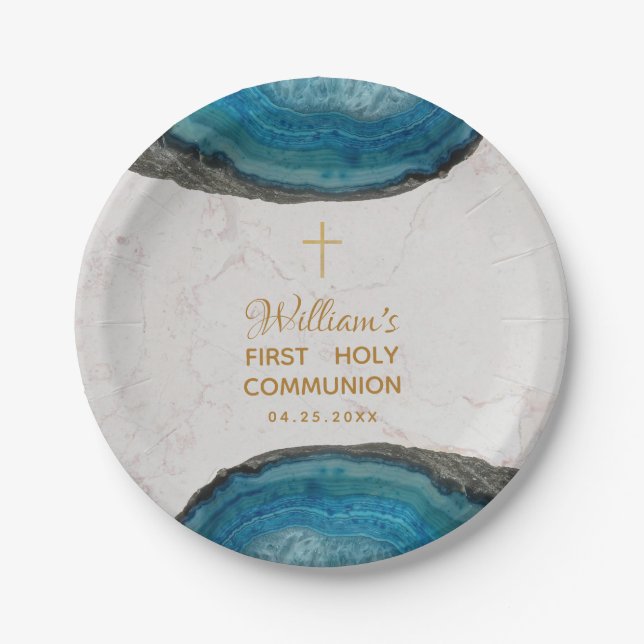 Boy First Communion Blue Geode Marble Gold Cross Paper Plate (Front)