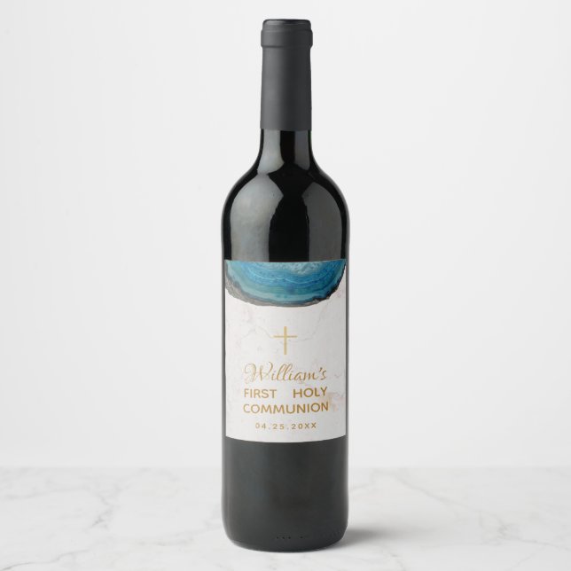 Boy First Communion Blue Geode Marble Gold Cross Wine Label (Front)