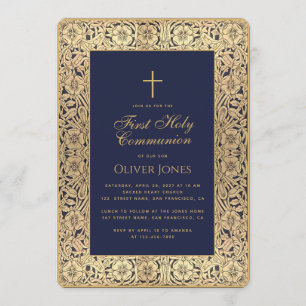 Boy First Communion Blue Gold Floral Frame Elegant Invitation