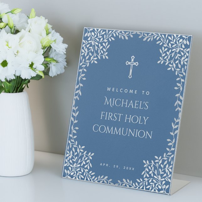 Boy First Communion Blue Silver Leaves Welcome Pedestal Sign (Creator Uploaded)