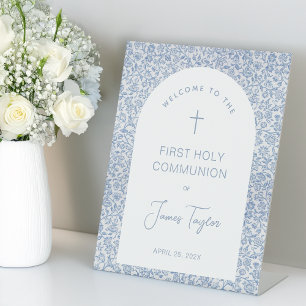 Boy First Communion Blue White Arch Floral Welcome Pedestal Sign