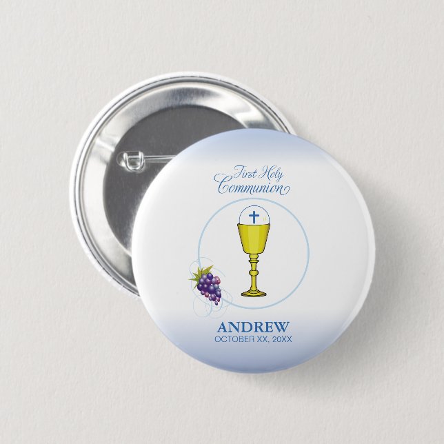 Boy First Communion, Chalice with Host and Grapes 2 Inch Round Button (Front & Back)