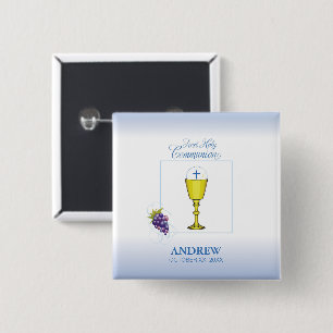 Boy First Communion, Chalice with Host and Grapes 2 Inch Square Button
