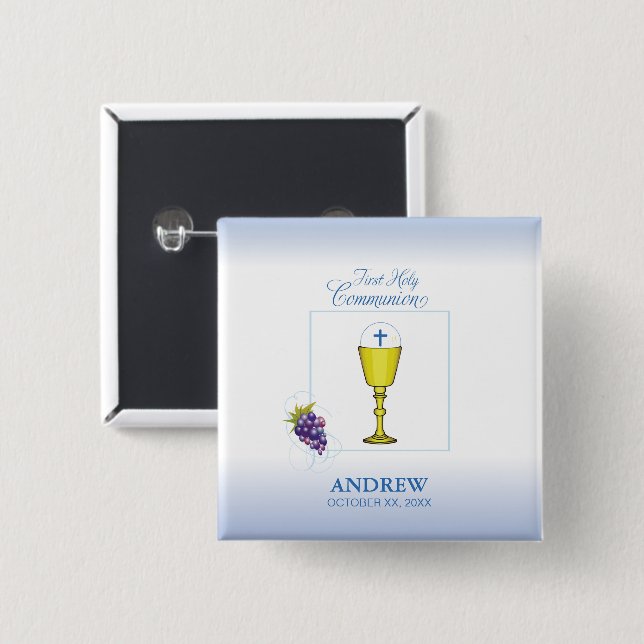 Boy First Communion, Chalice with Host and Grapes 2 Inch Square Button (Front & Back)
