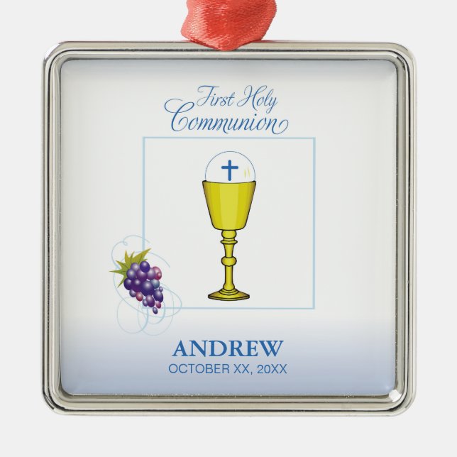 Boy First Communion, Chalice with Host and Grapes Metal Ornament (Front)