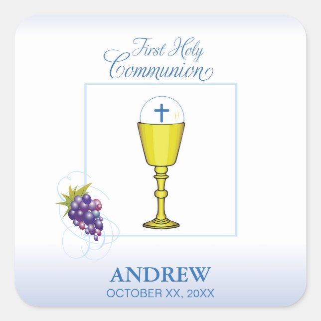 Boy First Communion, Chalice with Host and Grapes Square Sticker (Front)