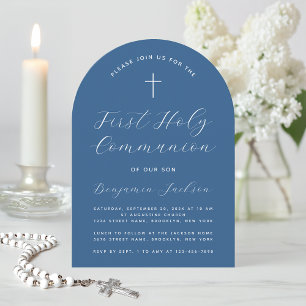 Boy First Communion Classic Blue Arch Cross Script Invitation