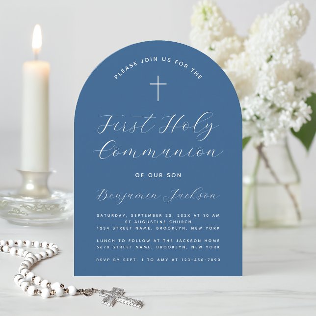 Boy First Communion Classic Blue Arch Cross Script Invitation (Creator Uploaded)