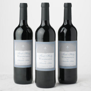 Boy First Communion Dusty Blue Faux Silver Arch Wine Label