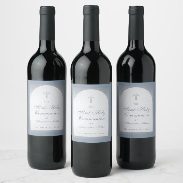 Boy First Communion Dusty Blue Faux Silver Arch Wine Label (Bottles)
