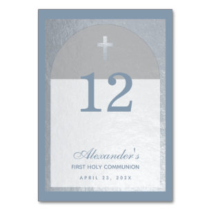 Boy First Communion Dusty Blue Faux Silver Cross Table Number