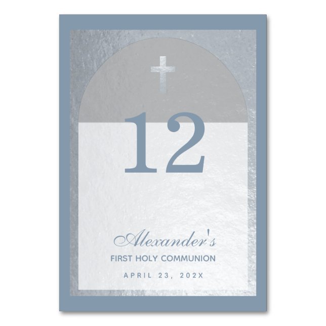 Boy First Communion Dusty Blue Faux Silver Cross Table Number (Front)
