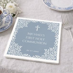 Boy First Communion Dusty Blue White Leaves Ornate Napkin