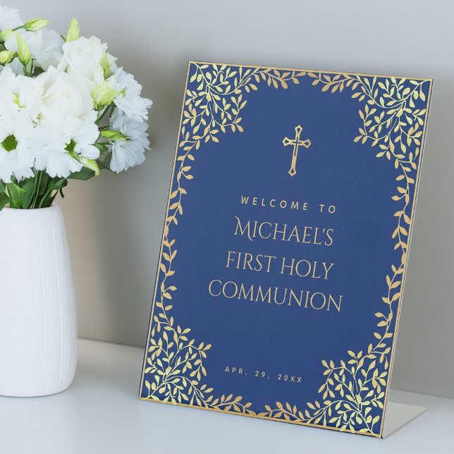 Boy First Communion Faux Gold Leaves Royal Blue  Pedestal Sign (Creator Uploaded)