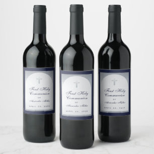Boy First Communion Faux Silver Arch Navy Blue Wine Label