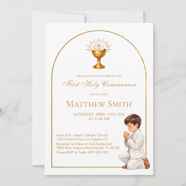 Boy First Communion Gold Boho Arch & Chalice Invitation (Front)
