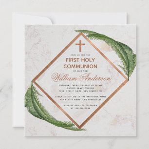 Boy First Communion Greenery Copper Marble Fern Invitation