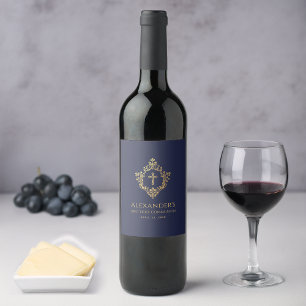 Boy First Communion Navy Blue Elegant Gold Crest Wine Label