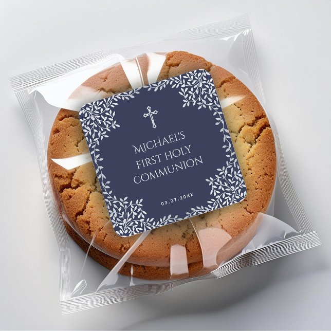 Boy First Communion Navy Blue Elegant Leaves Square Sticker (Creator Uploaded)