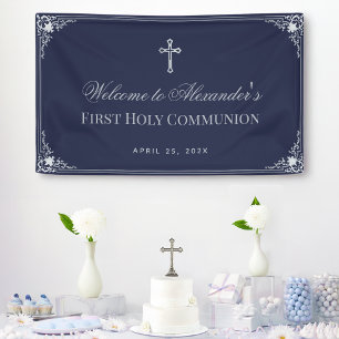 Boy First Communion Navy Blue Elegant Ornate Cross Banner