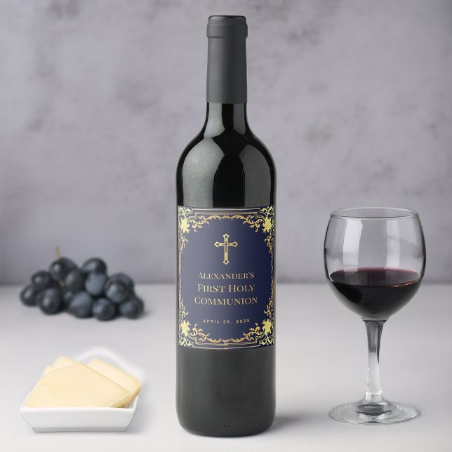  Boy First Communion Navy Blue Faux Gold Elegant Wine Label (Creator Uploaded)
