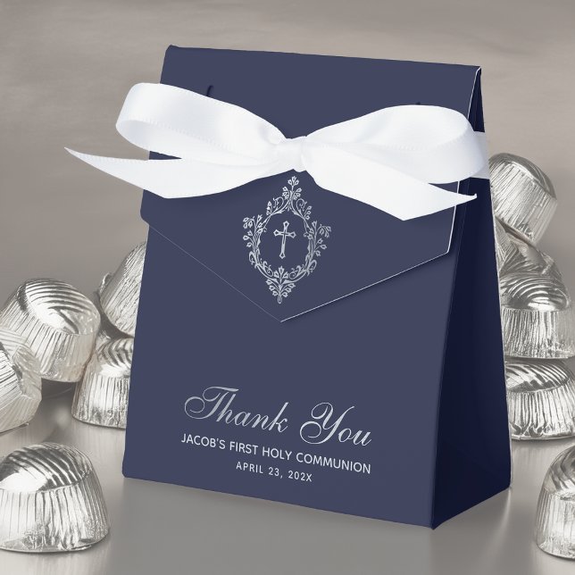 Boy First Communion Navy Blue Faux Silver Crest Favor Box (Creator Uploaded)