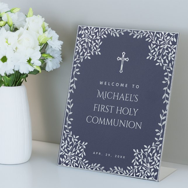 Boy First Communion Navy Blue Faux Silver Leaves Pedestal Sign (Creator Uploaded)