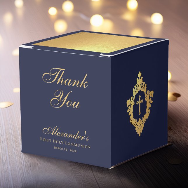 Boy First Communion Navy Blue Gold Crest Thank You Favor Box (Creator Uploaded)