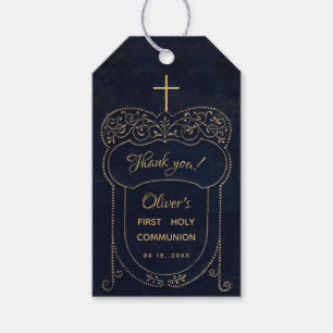 Boy First Communion Navy Blue Vintage Cross Script Gift Tags