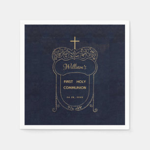 Boy First Communion Navy Blue Vintage Cross Script Napkin