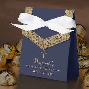 Boy First Communion Navy Blue Vintage Gold Roses Favor Box