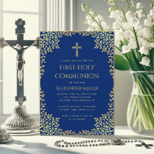 Boy First Communion Royal Blue Gold Leaves Vintage Invitation