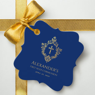 Boy First Communion Royal Blue Vintage Gold Crest Favour Tags