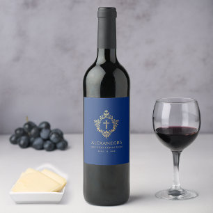 Boy First Communion Royal Blue Vintage Gold Crest Wine Label