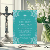 Boy First Communion Teal Elegant Silver Leaves 
