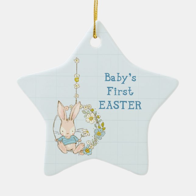 Boy First Easter Bunny on Flower Swing Ceramic Orn Ornament (Front)
