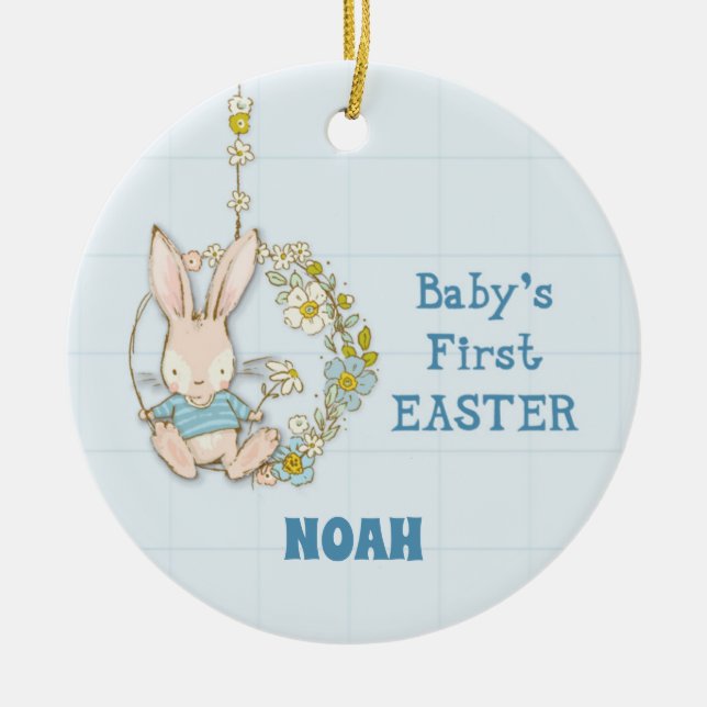Boy First Easter Bunny on Flower Swing Ceramic Ornament (Front)